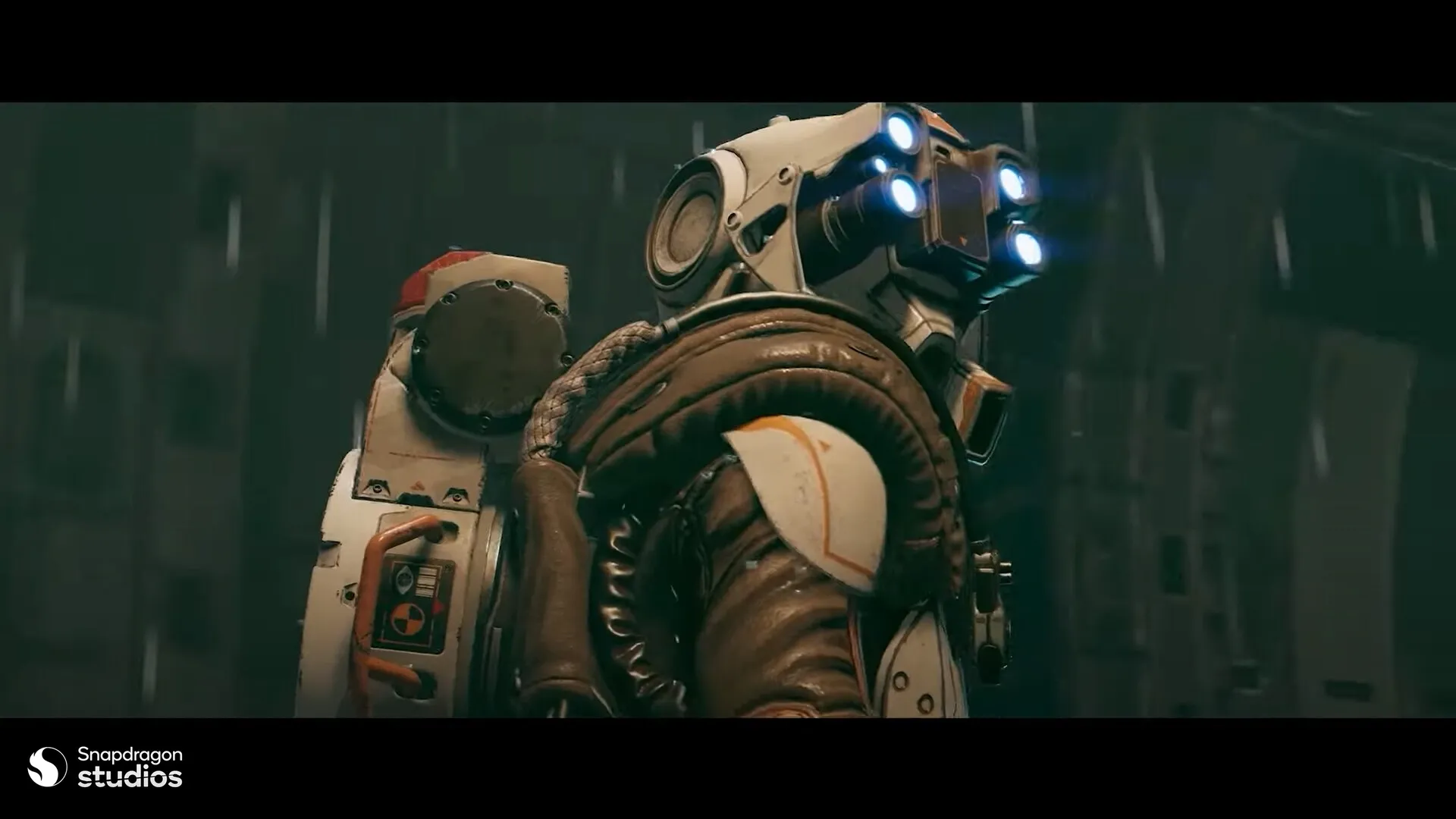 Detailed view of helmet and upper body design